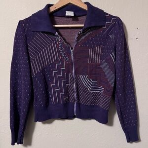 Vintage Geometric pattern Purple zip up sweater pleated shoulder Size Small
